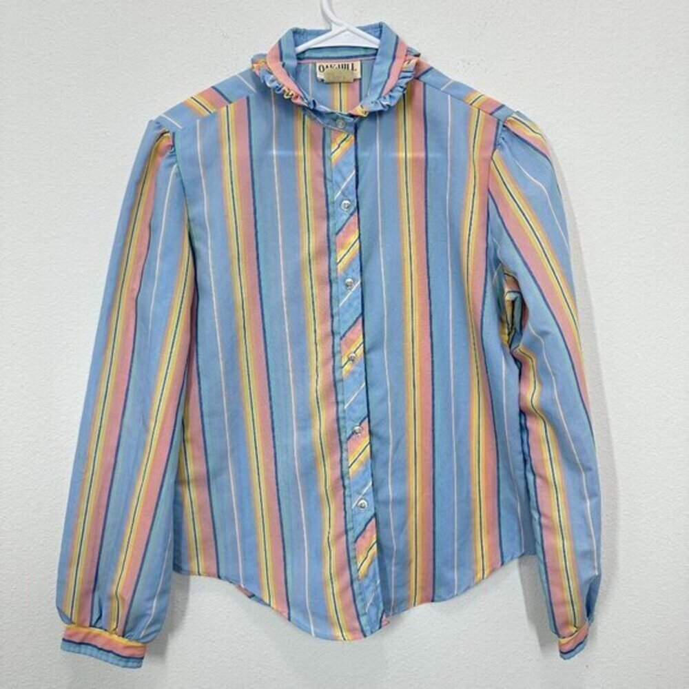 Vintage Size Small Pastel Ruffle Collar Striped Blouse 70s Puff Sleeve Mod Retro